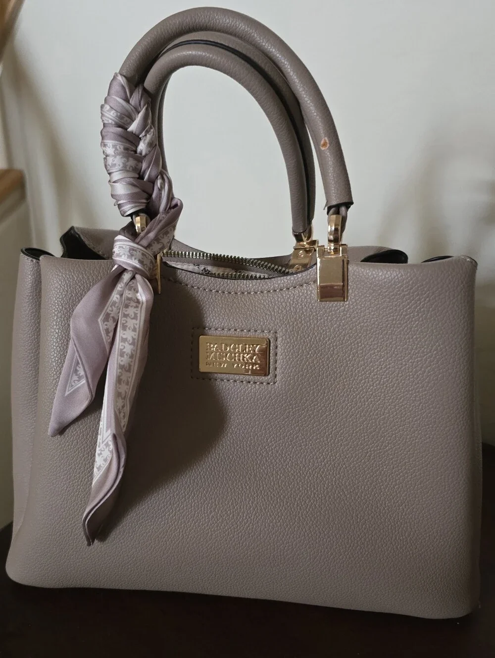 Badgley Mischka Taupe Leather Top-Handle Satchel with Scarf Accent